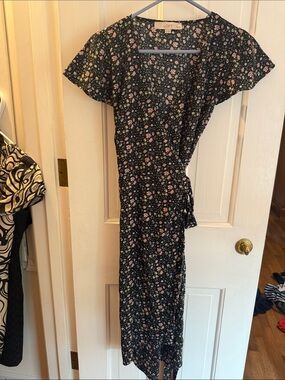 LOFT Black Floral Wrap Midi Dress with Pink & Cream Blossoms